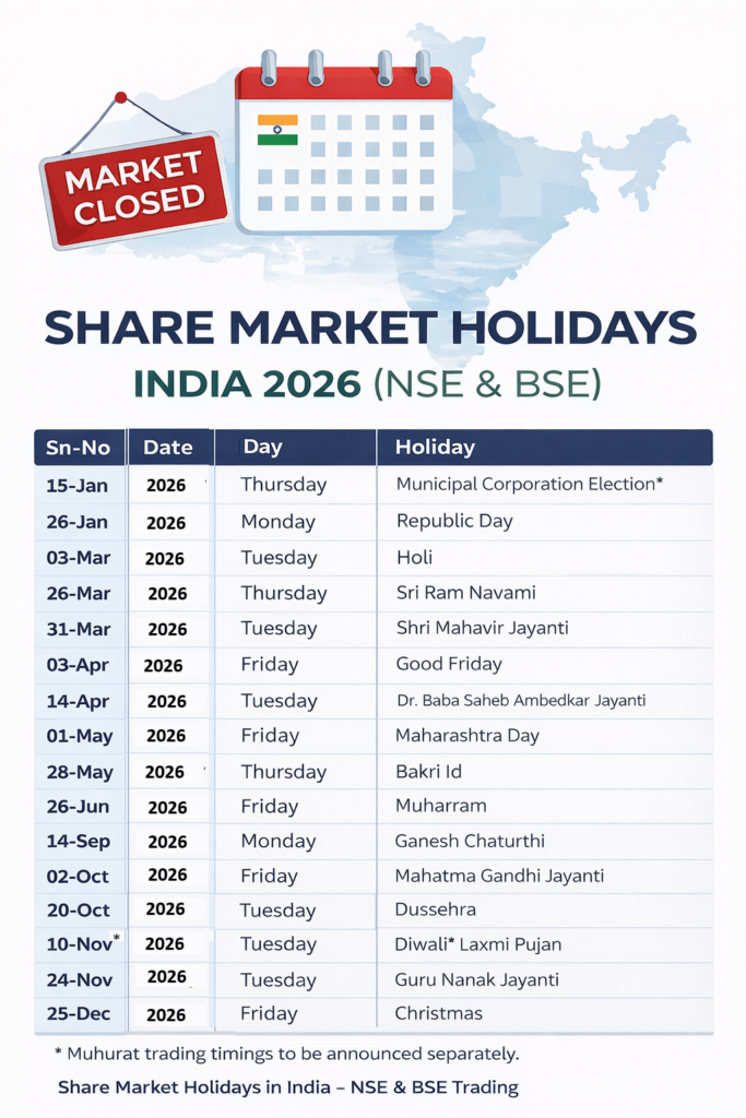 Share market holidays in India for NSE and BSE in 2026
